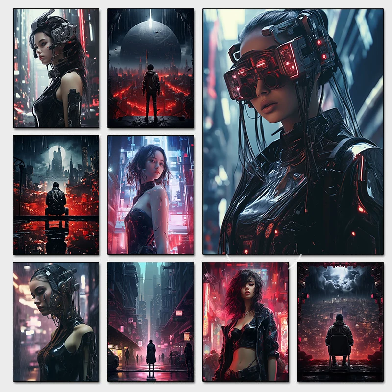 Realismo Cyber Tech Cool Girl cartel futurista luz roja Punk impresiones de oficina modernas lienzo cuadro artístico de pared decoración para la sala de estar del hogar