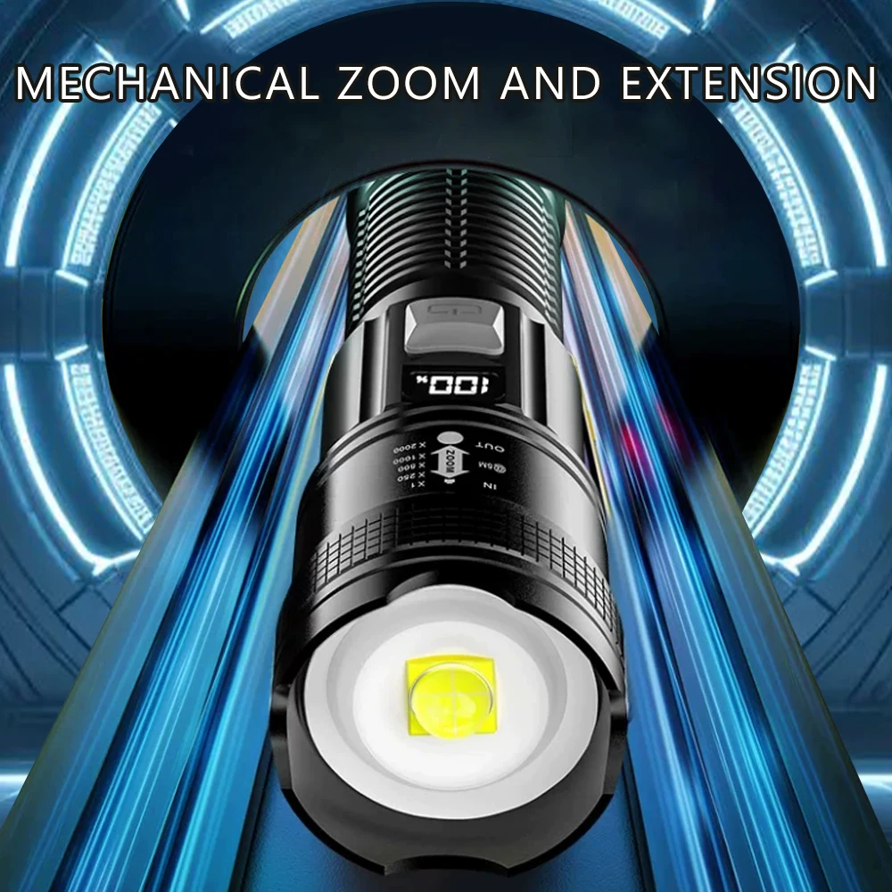 Ultra-High Power Flashlight Digital Electronic Display Waterproof Torch Zoom Hand Light Outdoor Camping Lantern