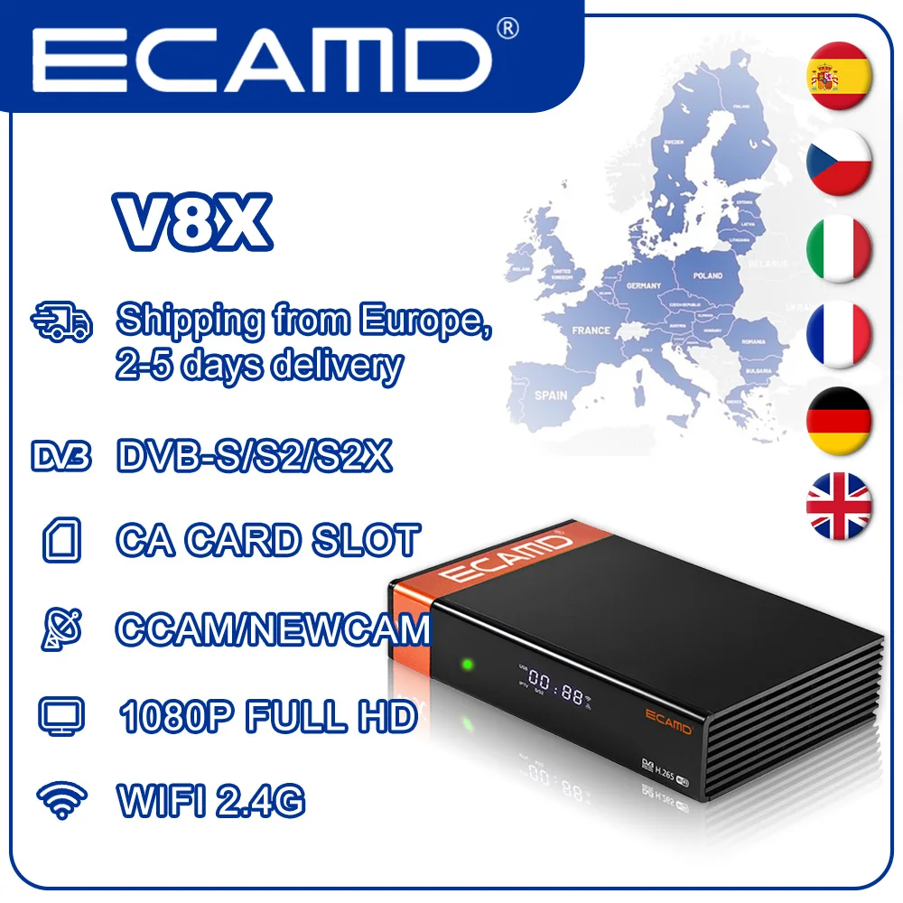 ECAMD V8X V9 Prime جهاز استقبال الأقمار الصناعية DVB-S2X/S2/S 1080P HD H.265 مشغل الوسائط المدمج في 2.4G WIFI دعم ترقية MARS Spain