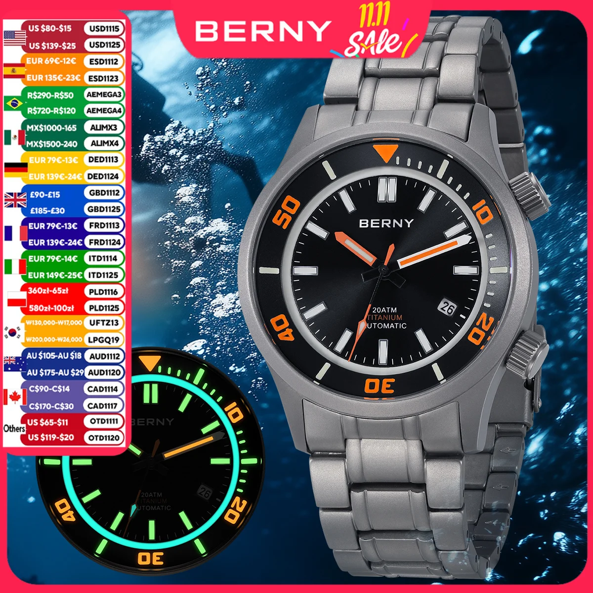 BERNY Automatic Titanium Diver Watch for Men Supper Luminous Sappire AR Coated Miyota 8215 20ATM Mechanical Diving Men's Watches