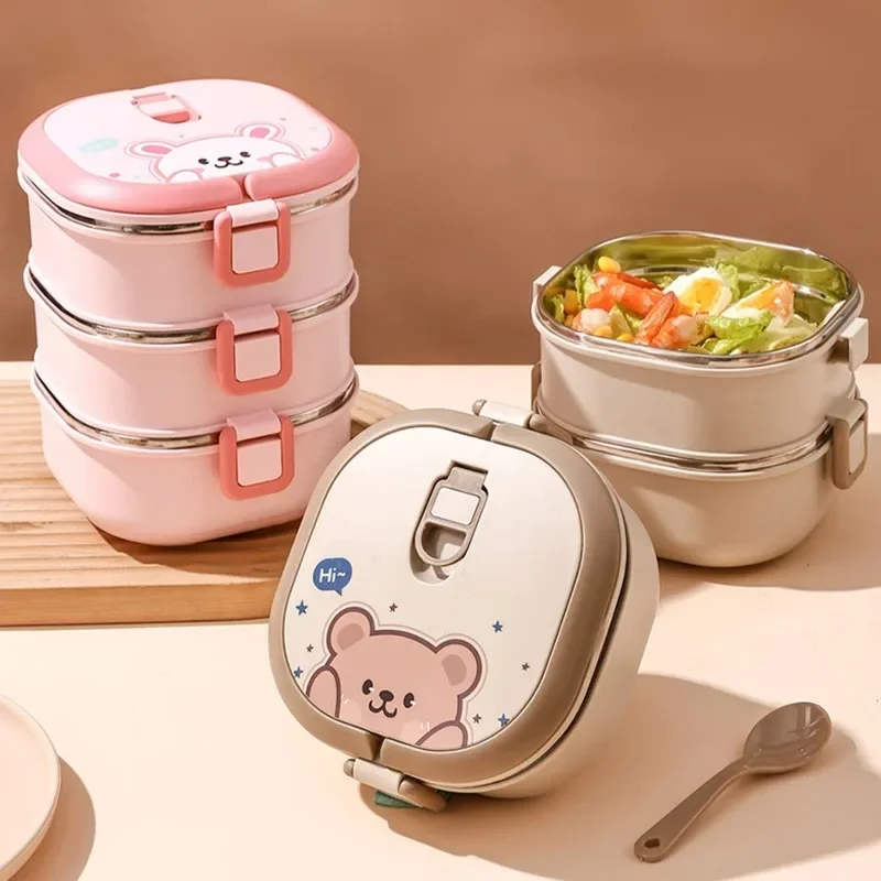 Cute Food Box Leak Proof Food Container WORTHBUY 304 Stainless Steel Insulated Lunch Box With Spoon Stacked Bento Box Portable