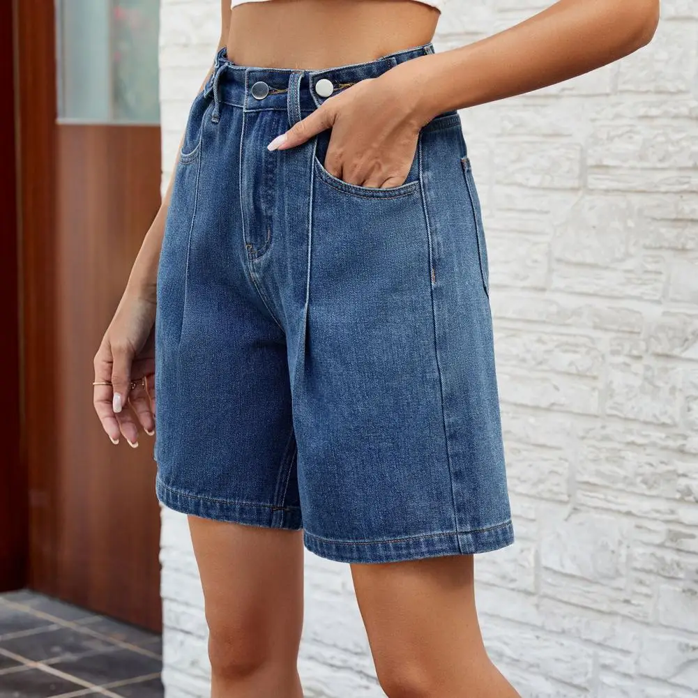 Women Short Jeans A-line Adjustable Buttoned Waist Denim Shorts Pockets Loose Lady Denim Shorts Casual Short Pants pantalones