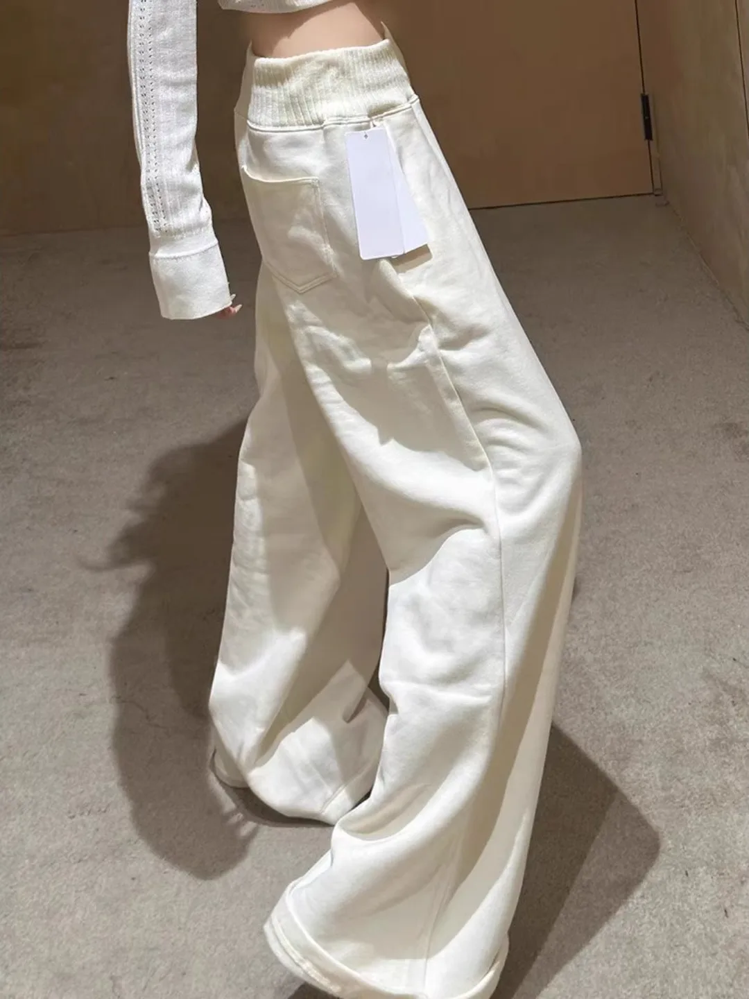 

Retro American Fce Lined Wide Leg Pants Women's Winter Loose Straight Cut Trousers Lazy Sle High Waist Casual Pants