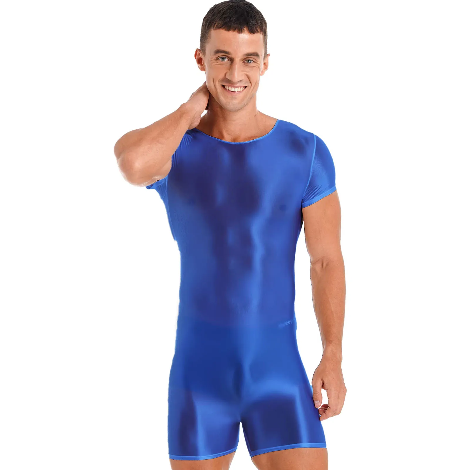 Oil Glossy Mens One Piece Swimsuit Swimwear Short Sleeve Shorty Jumpsuit Swim Wear Surfing Suit Beach Pool Swimming Bathing Suit