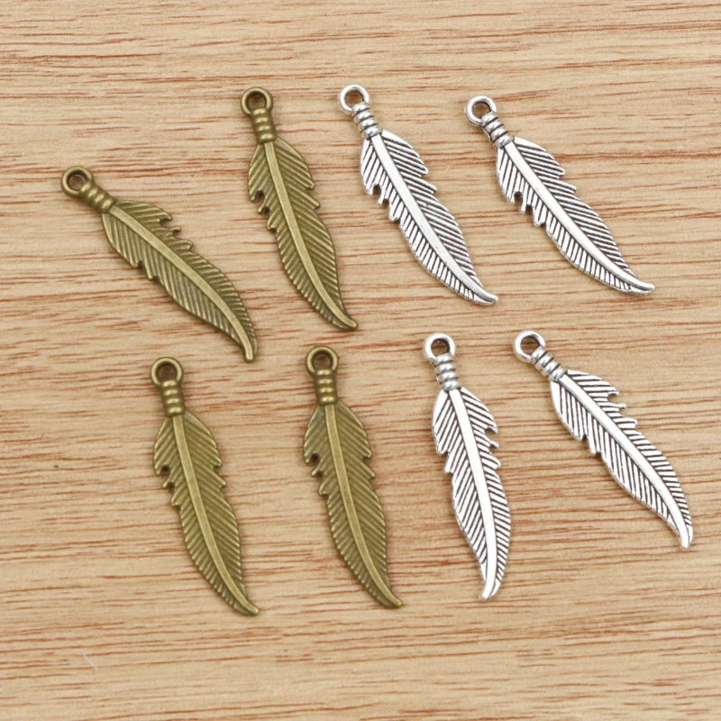 20pcs 27x7mm Feather Charms Tibetan Bronze Antique Silver Color Pendants Antique Jewelry Making DIY Handmade Craft