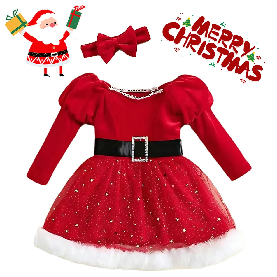 

Infant Star Mesh Puff Sleeves Princess Dress Girls Christmas Party Red Bow Clothes Set Children Birthday Carnival Festival Gown
