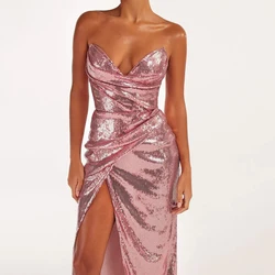 Sequined Strapless Evening Gown in Rose Color with a Thigh Slit, Women's Sexy Sequin Open Back Lace Up Dress Long Style