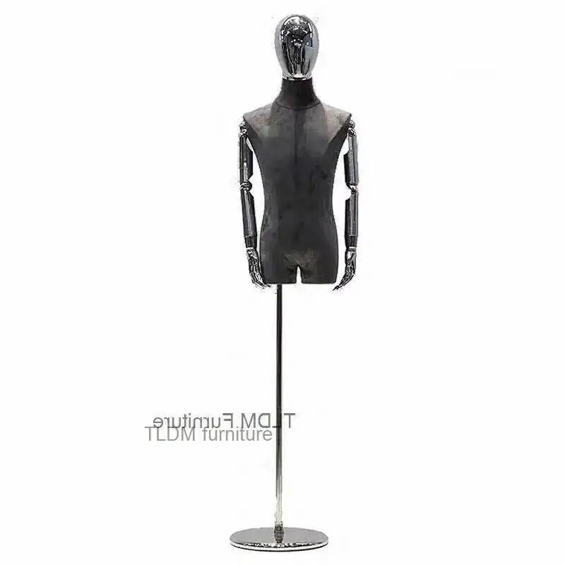 Half-length Manikin Torso with Silver Head Korean High-end Clothing Store Velvet Mannequin with Male Metal Base Display Model W