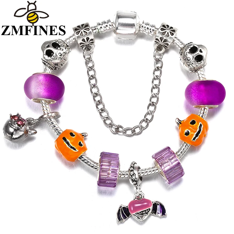 Pulseras con dijes de cuentas de plumas de murciélago y calavera, Pulseras de marca DIY para mujeres y hombres, Pulseras de bisutería, regalo de joyería de Halloween