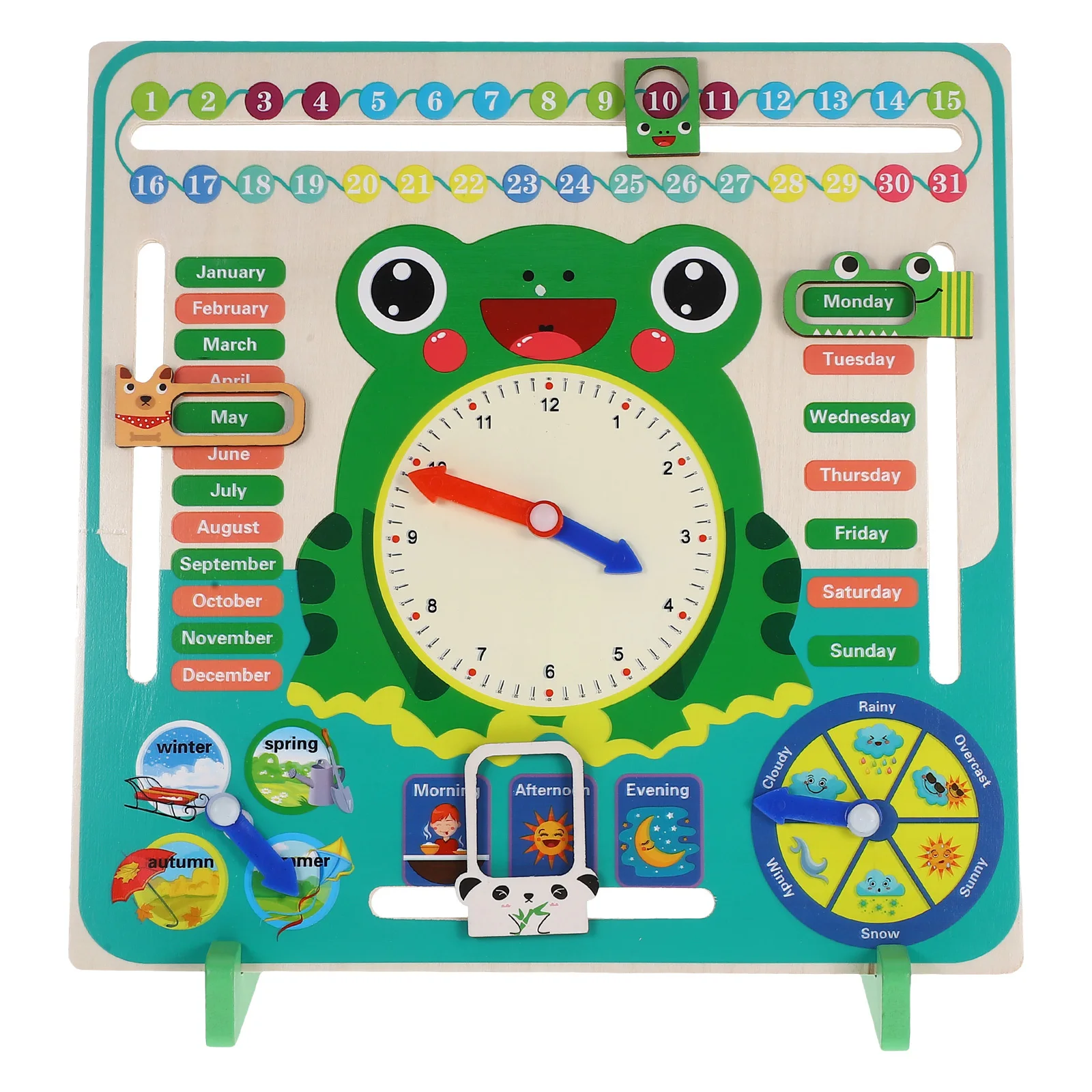 木製カエル時計とカレンダーボード 子供向け時間学習教育ツール インタラクティブな子供向け教材 モンテッソーリ