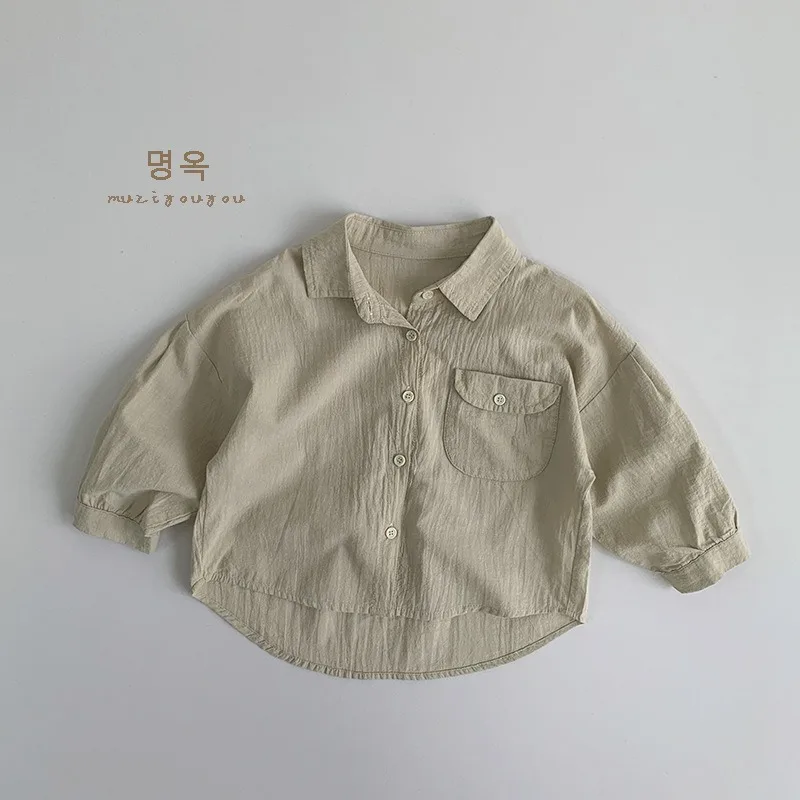 Kids Thin Cotton Shirt Lapel Pocket Long Sleeve Button Down Casual Sun Protection Top For Boys Girls