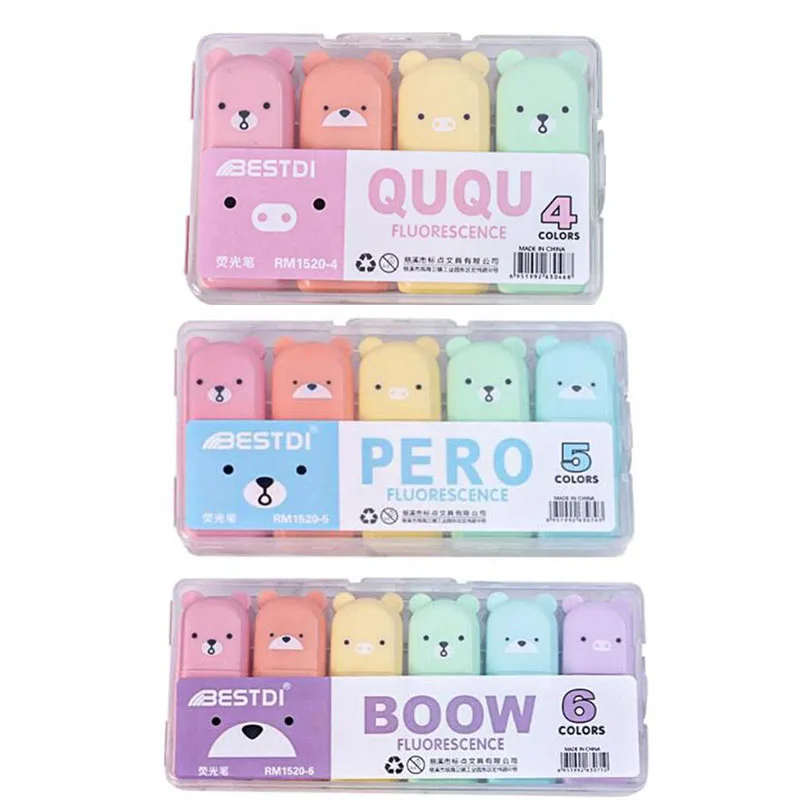 

12 box/lot Cartoon Bear Mini Highlighter Kawaii 4/5/6 colors Drawing Painting Art Marker Pens School supplies Stationery gift