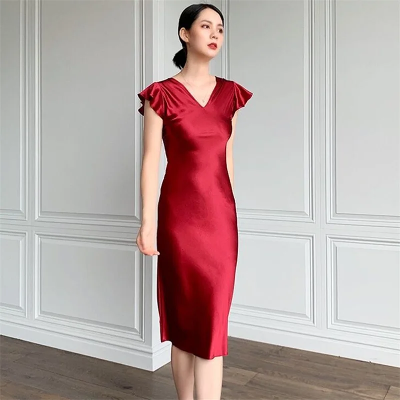 England Style Vintage Elegant Women's Summer Long Dress Flying Sleeves V-Neck Slim Fit Party Dress Fashion Satin Vestidos