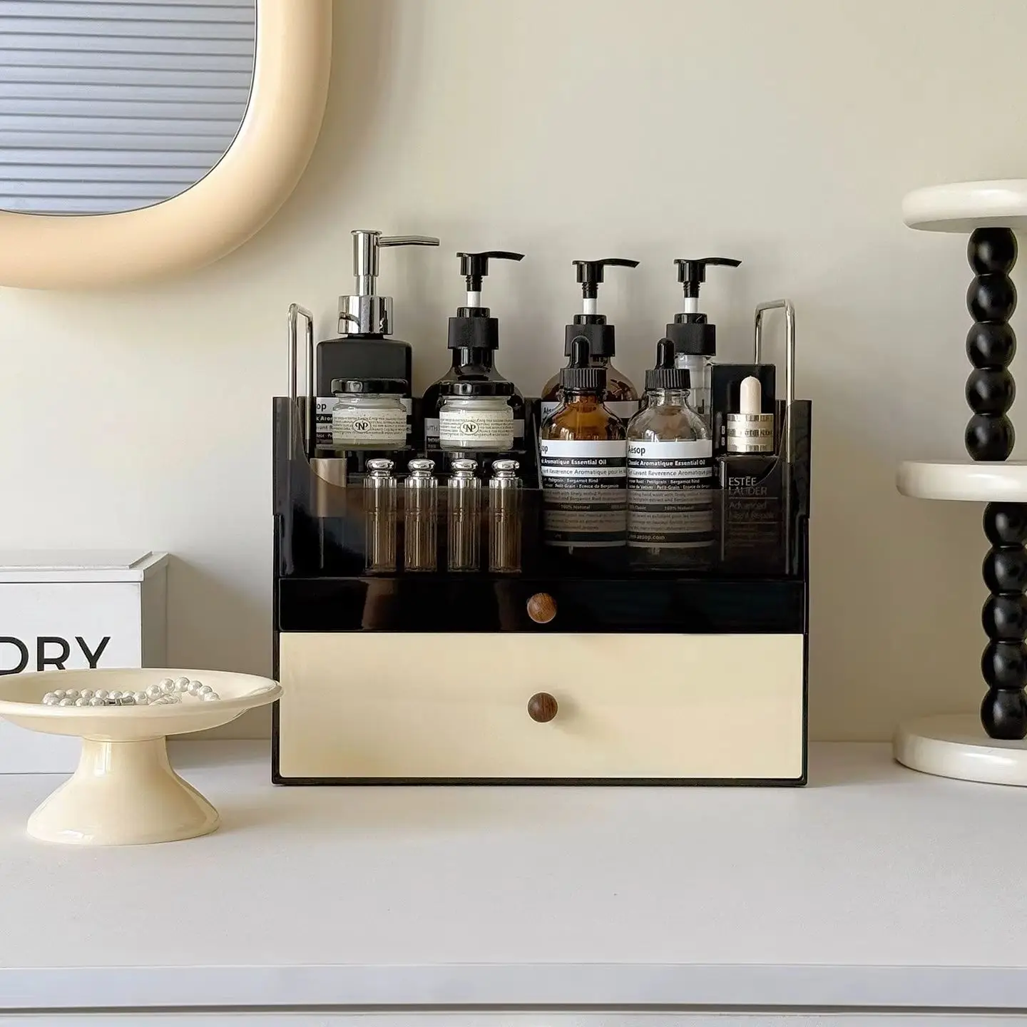 Makeup Organizer with Drawer Cosmetic Desk with Premium Touch Skincare Storage Rack Jewelry Box with Dustproof Cover