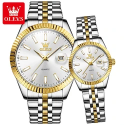 OLEVS 5593 calendario de moda reloj de pulsera de cuarzo para parejas reloj Original de lujo resistente al agua para hombres y mujeres reloj de vestir de acero inoxidable