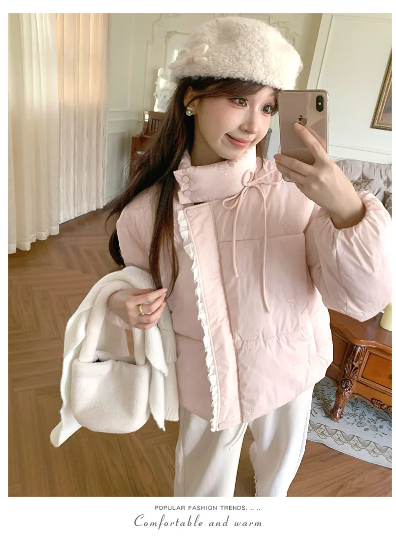 Sweet Pink Bow Stand Collar Puffer Jacket Women Korean Lace Spliced Thick Outerwear Students Winter Warm Cropped Cotton Jackets