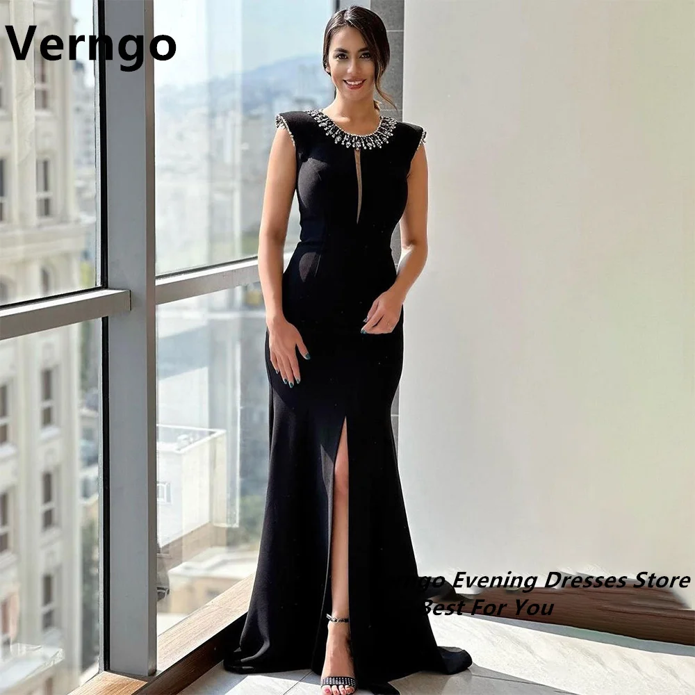 

Verngo Sleeveless Side Slit Party Gown Long Evening Dress Cut Out Sequined Dresses For Special Events O Neck Crystal Dress For P