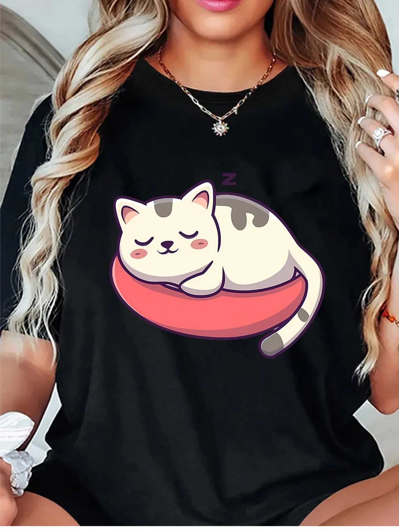 Sleepy Lazy Cat On Cushion Cute Cartoon Graphic Womens T Shirt Short Sleeve Crew Neck Lovely Pet Casual Daily Ladies Tee Tops