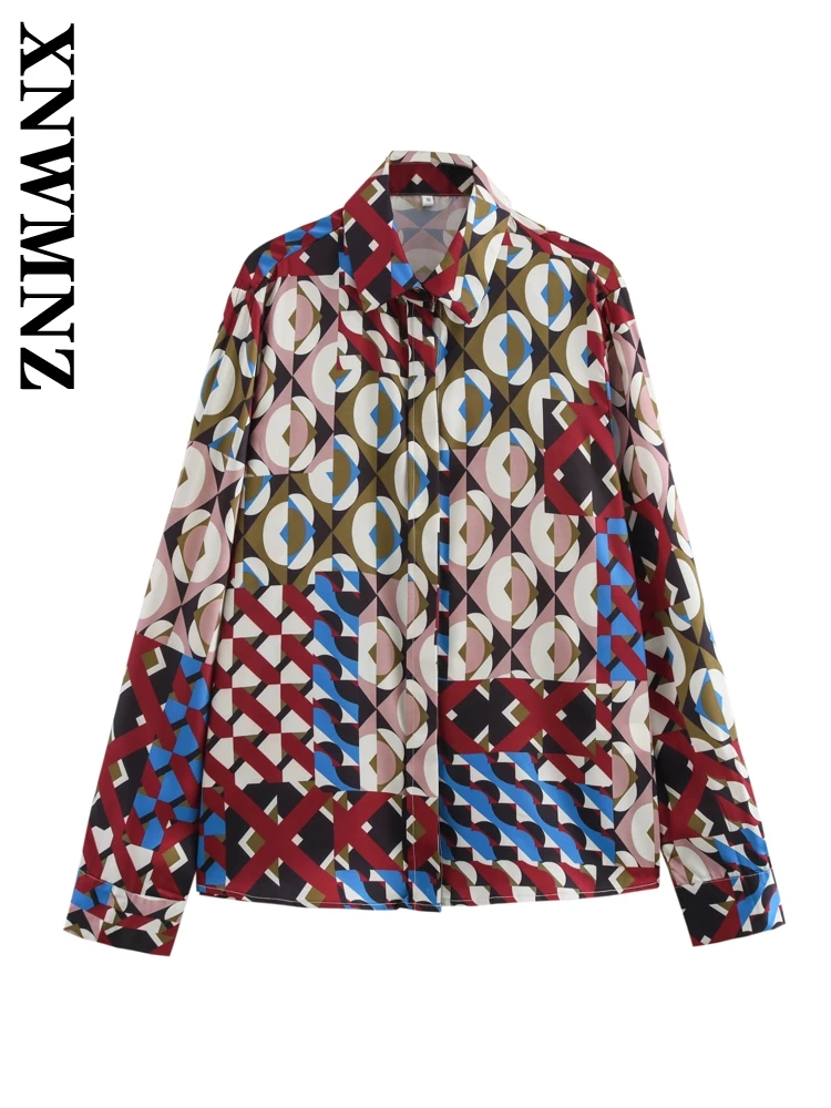 XNWMNZ 2024 Autumn Lady Chic Turn-down Collar Satin Coat Outerwear Casual Female Long Sleeve Shirt Ruffles Loose Fit Top Print