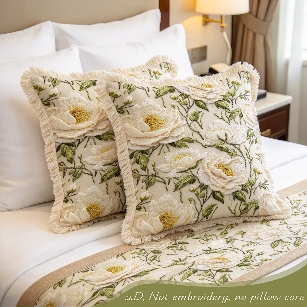 1 white peony pattern printed fringe pillowcase, plant printed pillowcase, digital printed polyester lace pillowcase