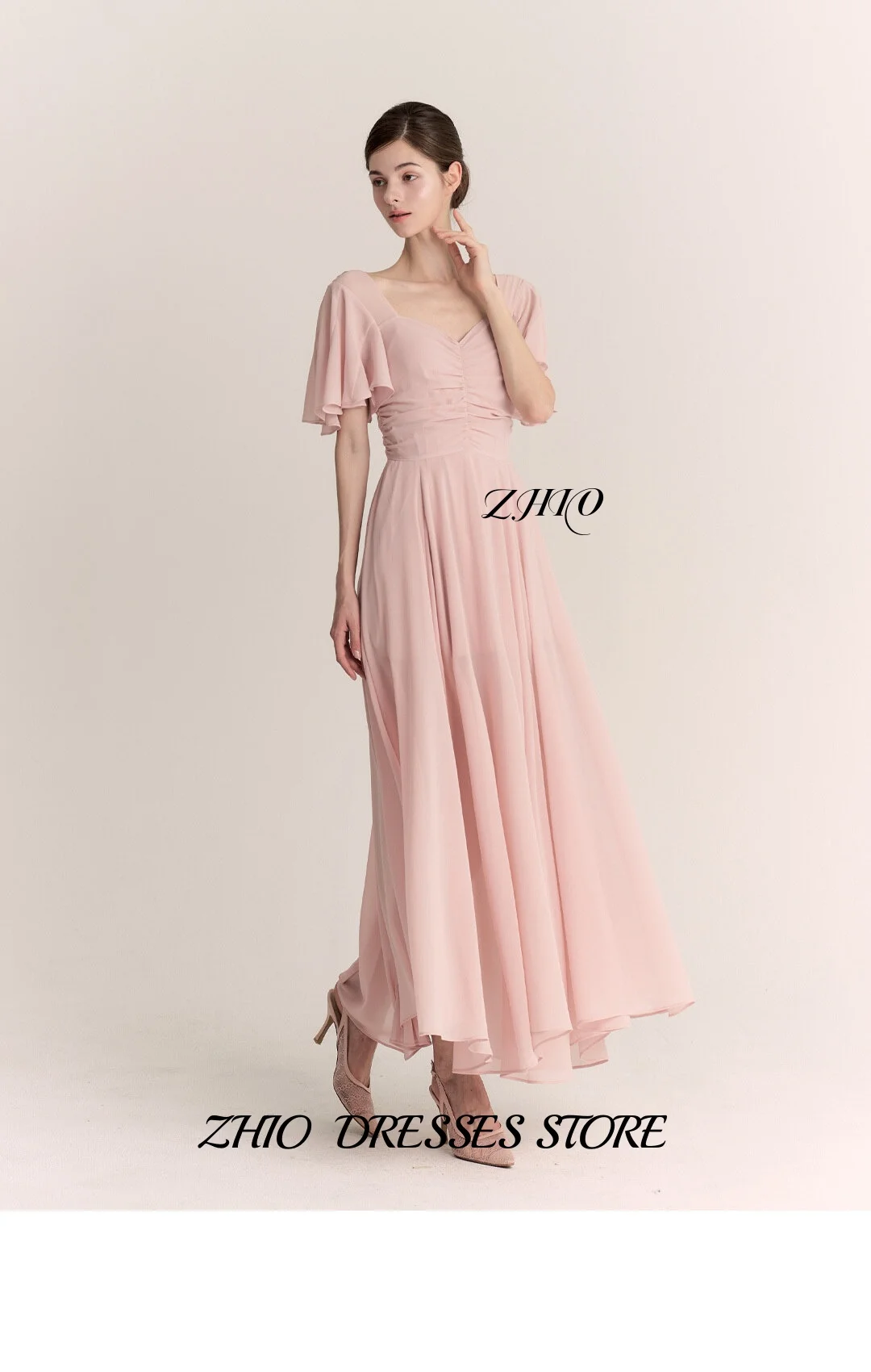 ZHIO Vestido de noche de gasa rosa, cuello cuadrado, mangas con volantes, corpiño fruncido, vestido largo de línea A para ocasiones formales personalizado
