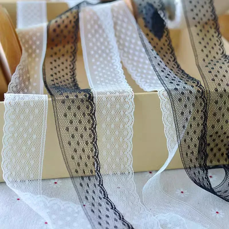 

(1 yards/roll) White and black lace fabric 2024 high quality small polka dots mesh lace panel sleeves skirt garment accessories