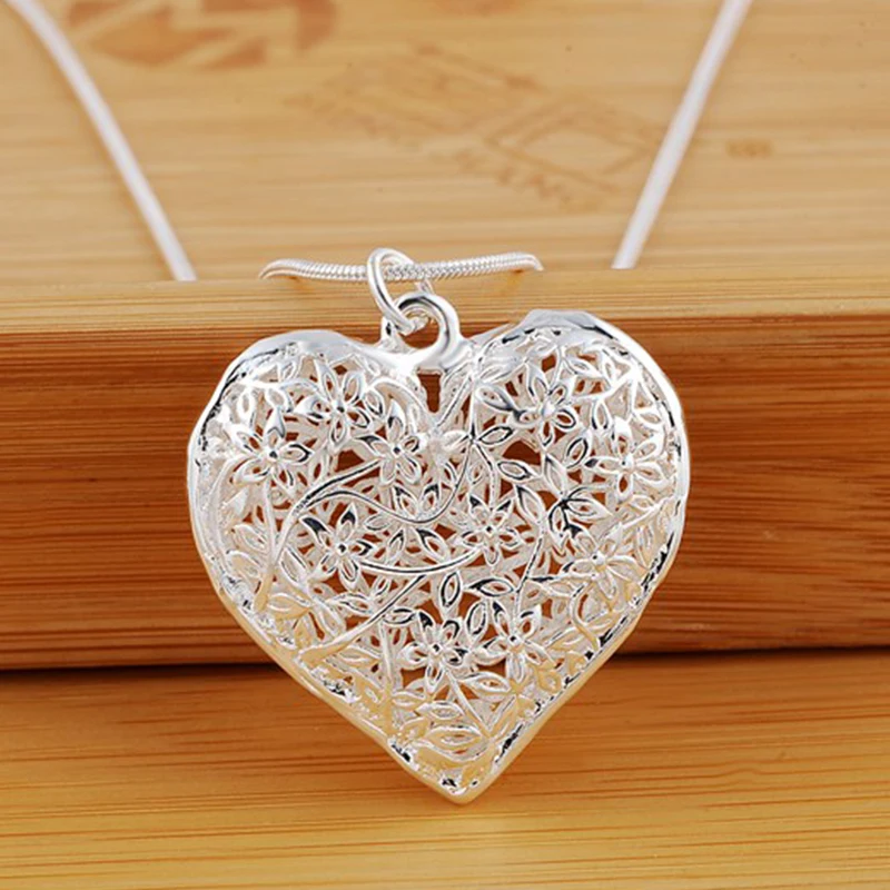 

925 Sterling Silver 18-30 Inch Carved Heart Pendant Snake Chain Necklace For Women Fashion Wedding Charm Jewelry
