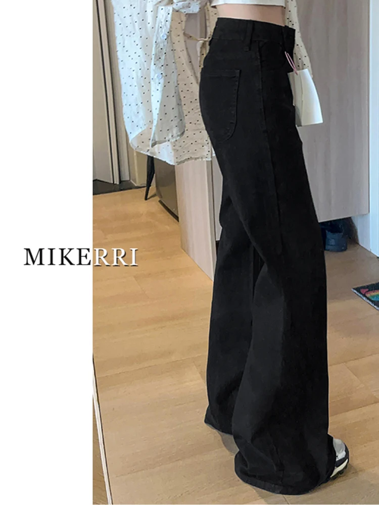 Damskie spodnie dżinsowe typu flare/bootcut w stylu Kpop Gyaru na sezon Jesień Zima 2025, dżinsy Y2k Harajuku, luźne czarne dżinsy z efektem warstw, proste dzwony, nowość.