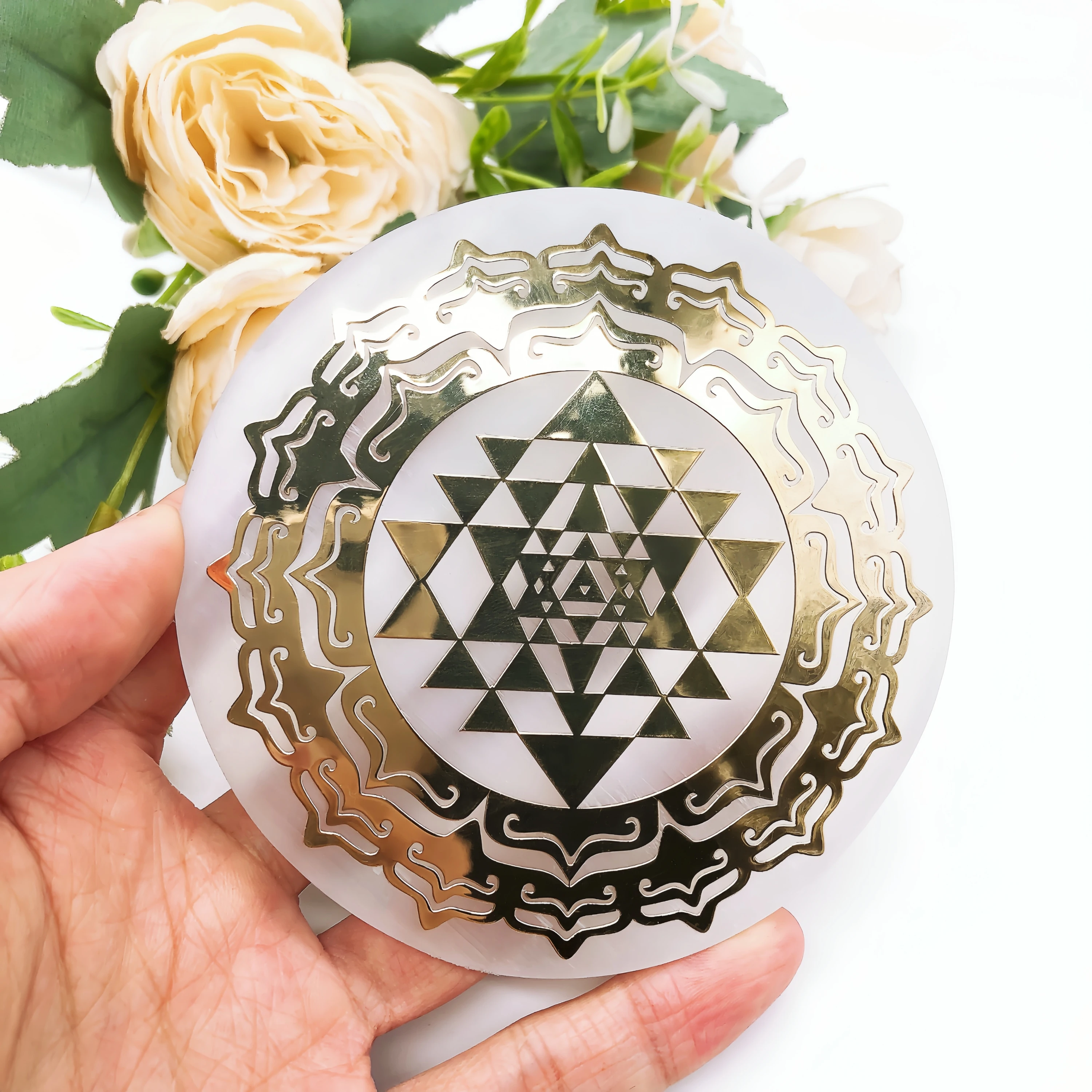 10cm Natural Selenite Slice Crystal Stone Slab Chakra Tree of Life Charging Plate Yoga Meditation Home Decor Energy Healing Gift