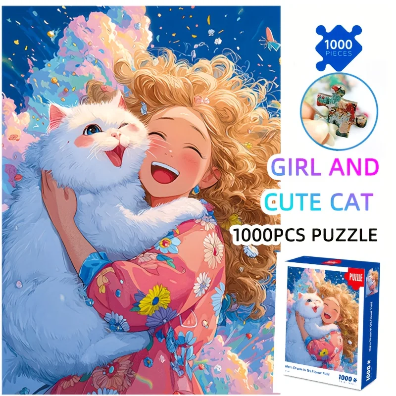 

70x50cm 1000pcs Extra Large Jigsaw Puzzle - Girl & Cute White Cat with Girl & Fluffy Kitten puzzles Xmas Gift