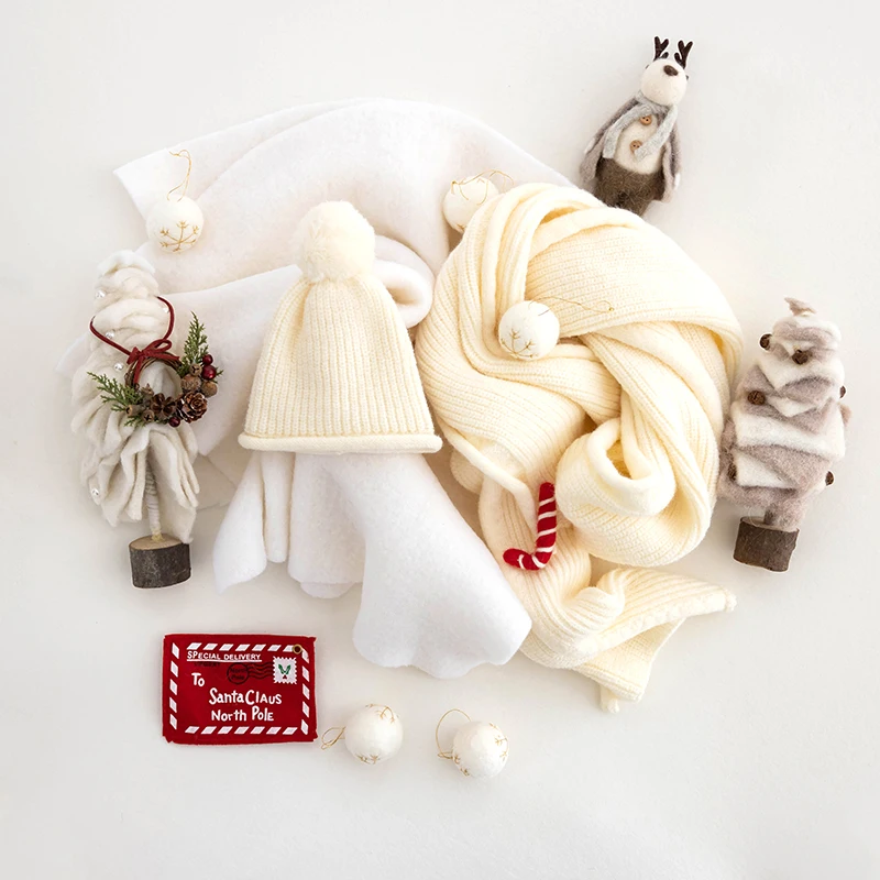 Christmas Newborn Photo Props Knitted Wool Hat Wrap Set Felt Cloth Bouquet Shape Baby Posing Props Doll Ornament Keepsake Gift