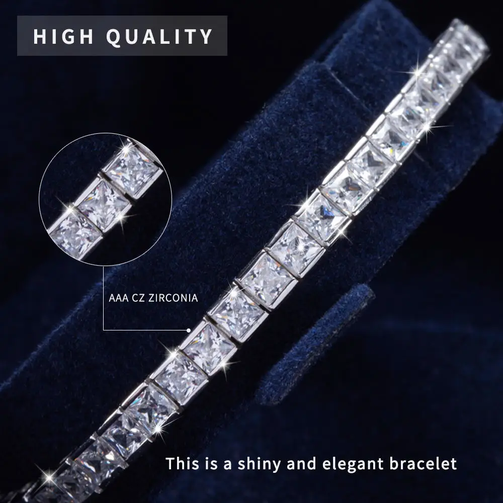 100% S925 Sterling Silver High-end Princess 3mm CZ Zircon Square Bracelet ins Design Temperament Tennis Bracelet Ladies Jewelry