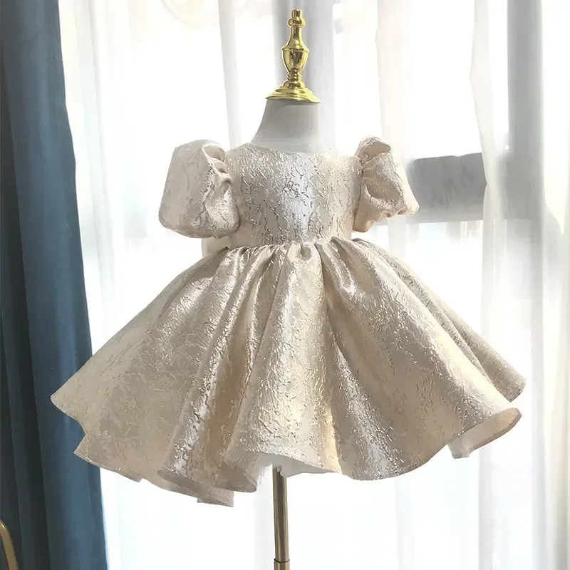 New Baby Girl Princess Dress Puff Sleeve Infant Toddler Teen Bow Vestido Gold Party Birthday Ball Gown Xmas Baby Clothes 1-14Y