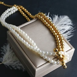 ZMfashion Imitation Pearl Stitching Round Beads Knotted Cross Necklace Stainless Steel Neck Choker Women Vintage Pearl Jewelry