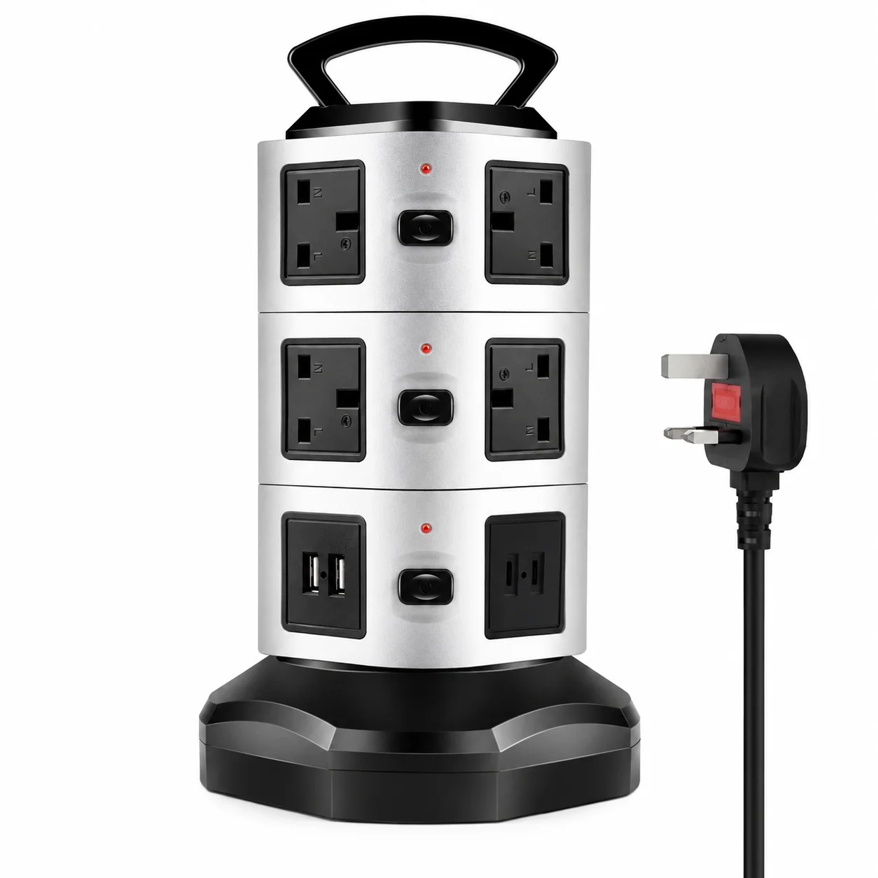 Melery UK Plug Vertical Power Strip Surge Protector Tower Outlet Electric Socket USB Type-C 9.8ft Retractable Extension Cord