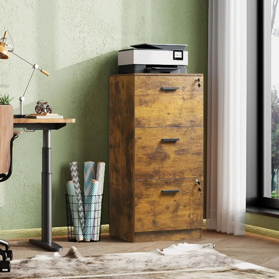 3 Drawer File Cabinet with Lock, Wood Printer Stand