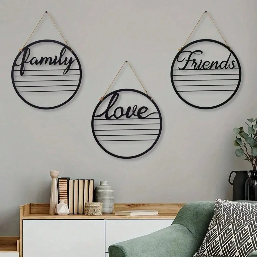 3pcs Friendship/Love/Family Round Metal Wall Art, Durable Wall Decor for Living Room Modern Home Room, Waterproof Rust-Proof