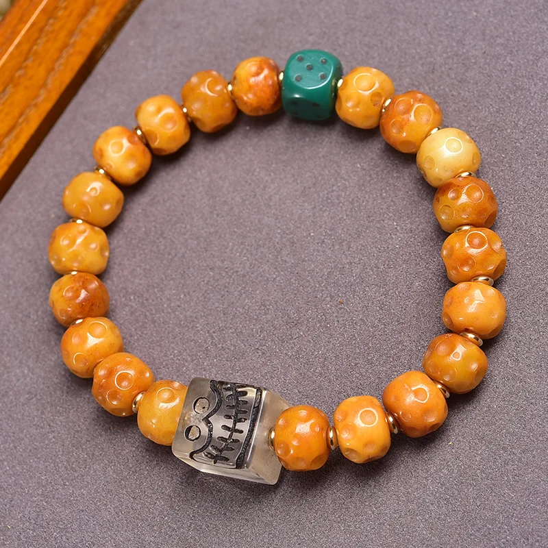 Bone Carved Meteorite Crater Lion Awakening Bracelet Single Circle Tibetan Style Buddhist Beads Inlaid Three-Way Copper Ru