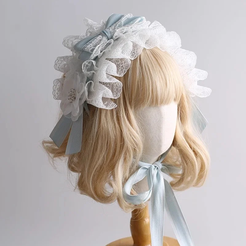 새로운 로리타 오리지널 크리스마스 라이트 블루 머리띠 메이드 코스프레 레이스 보우 헤드 피스 소프트 소녀 KC 헤어 액세서리