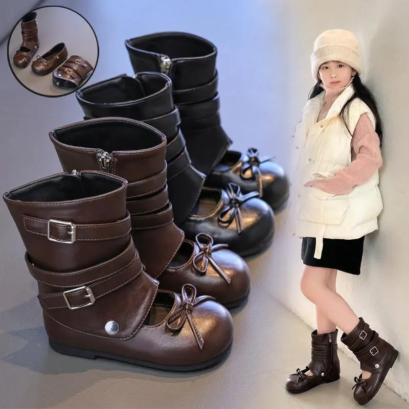New Trend Toddlers Leather Boots for Girls Ballet Style Kids Fashion Princess Boots Causal Versatile Children's Mid-calf Boots