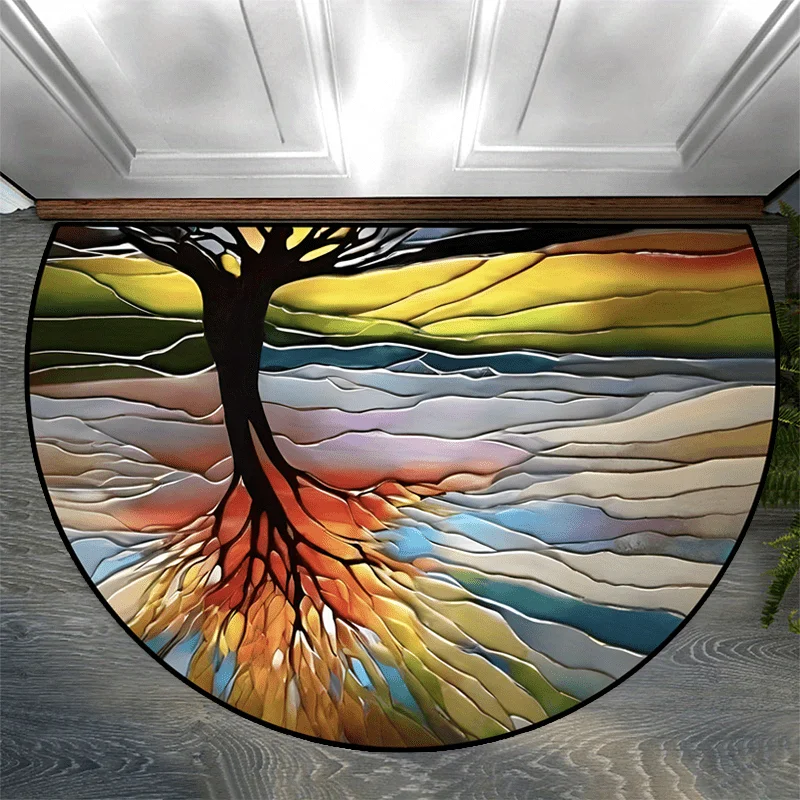Abstract Nature Design Semi-Round Entrance Mat Washable Non-Skid Floor Rug for Living Room Bedroom