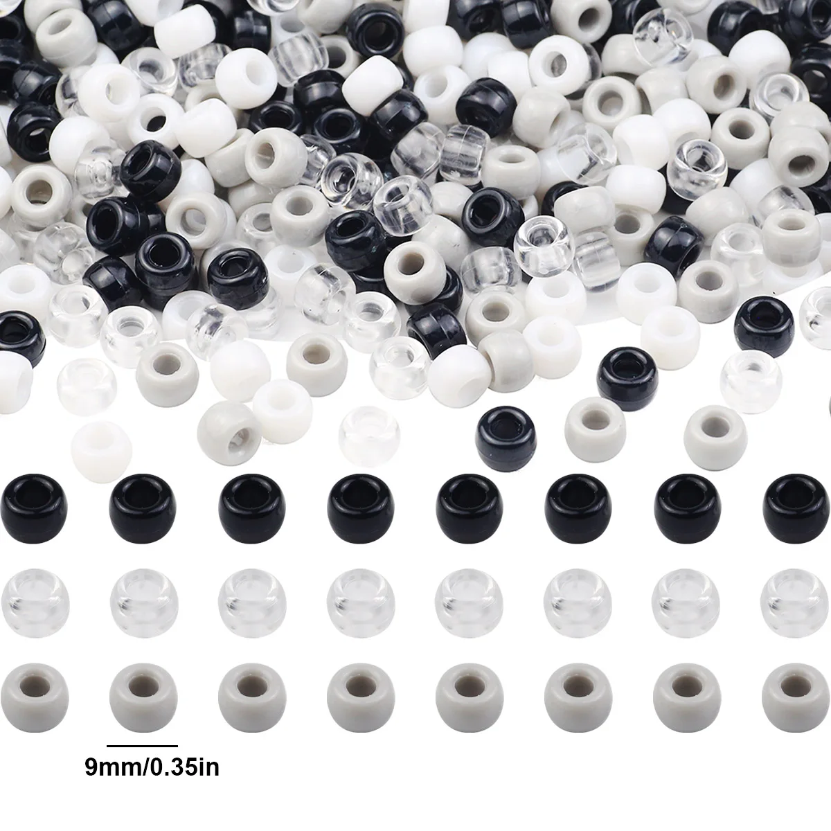 6x9mm 200-1000pcs Round Acrylic Black White Grey Spacer Loose Pony Beads For Jewelry Making DIY Hair Braids Bracelets Necklaces