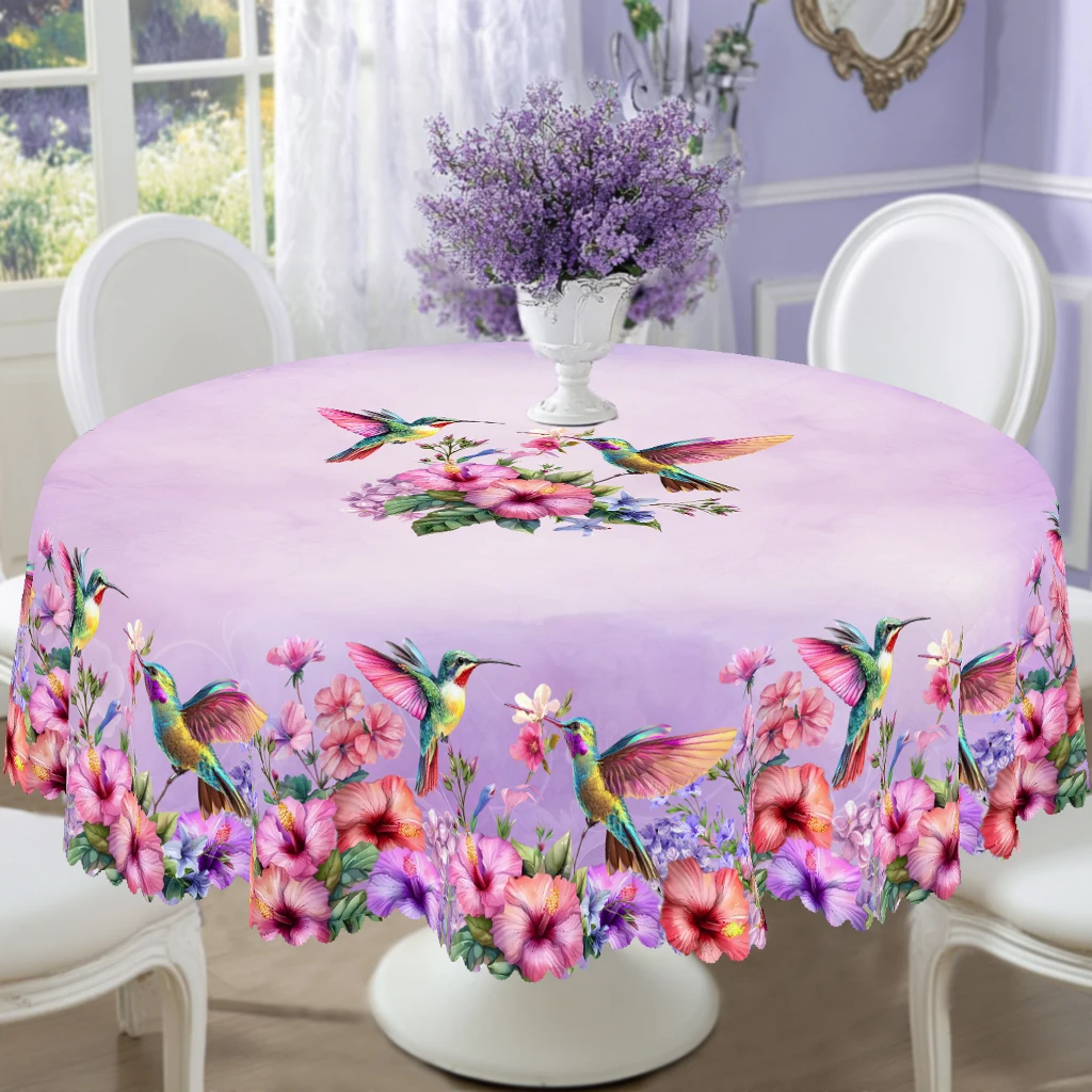 1 pieza de mantel redondo con estampado de flores de colibrí, 5 tamaños disponibles, mantel cuadrado con diseño de estampado de flores en tono violeta, proceso de estampado de bordes, decoración diaria de mantel de jardín, mantel para cocina casera, uso d