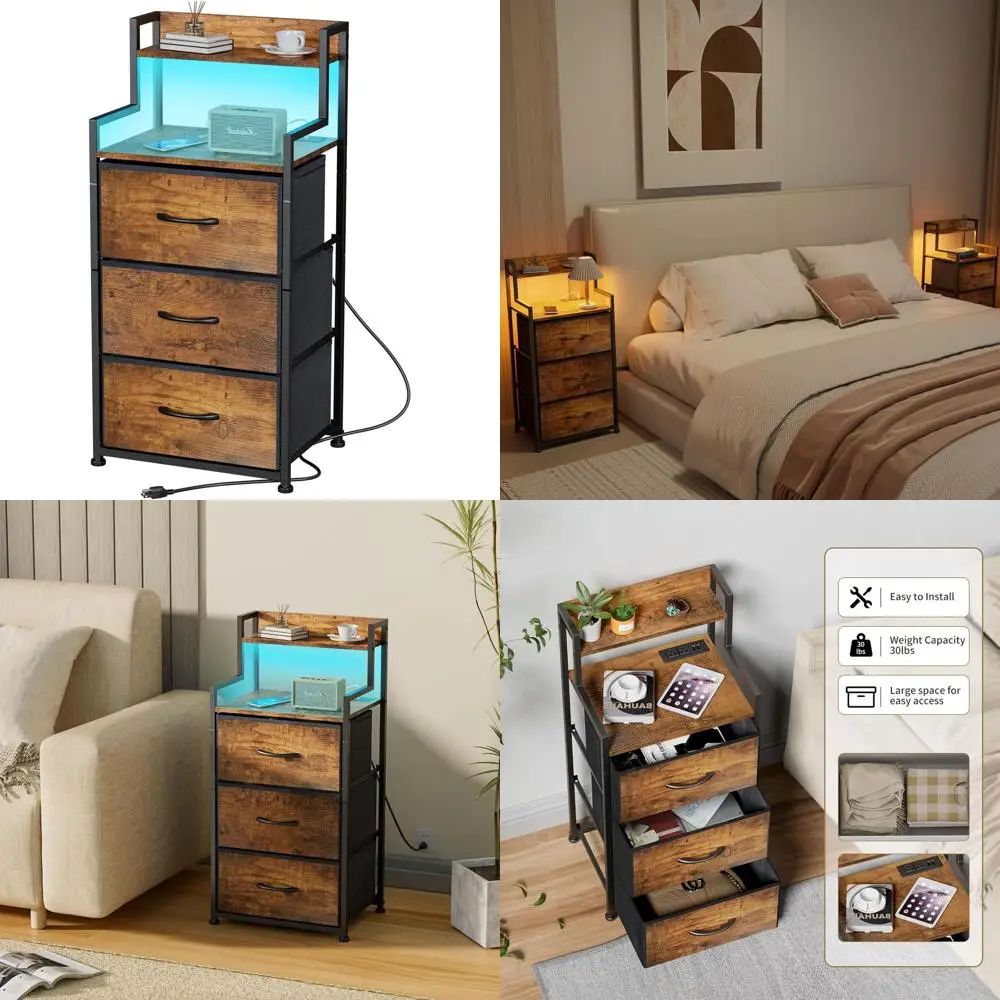

Rustic Brown Nightstand with Lighting, Charging, and Storage for Bedroom or Dorm