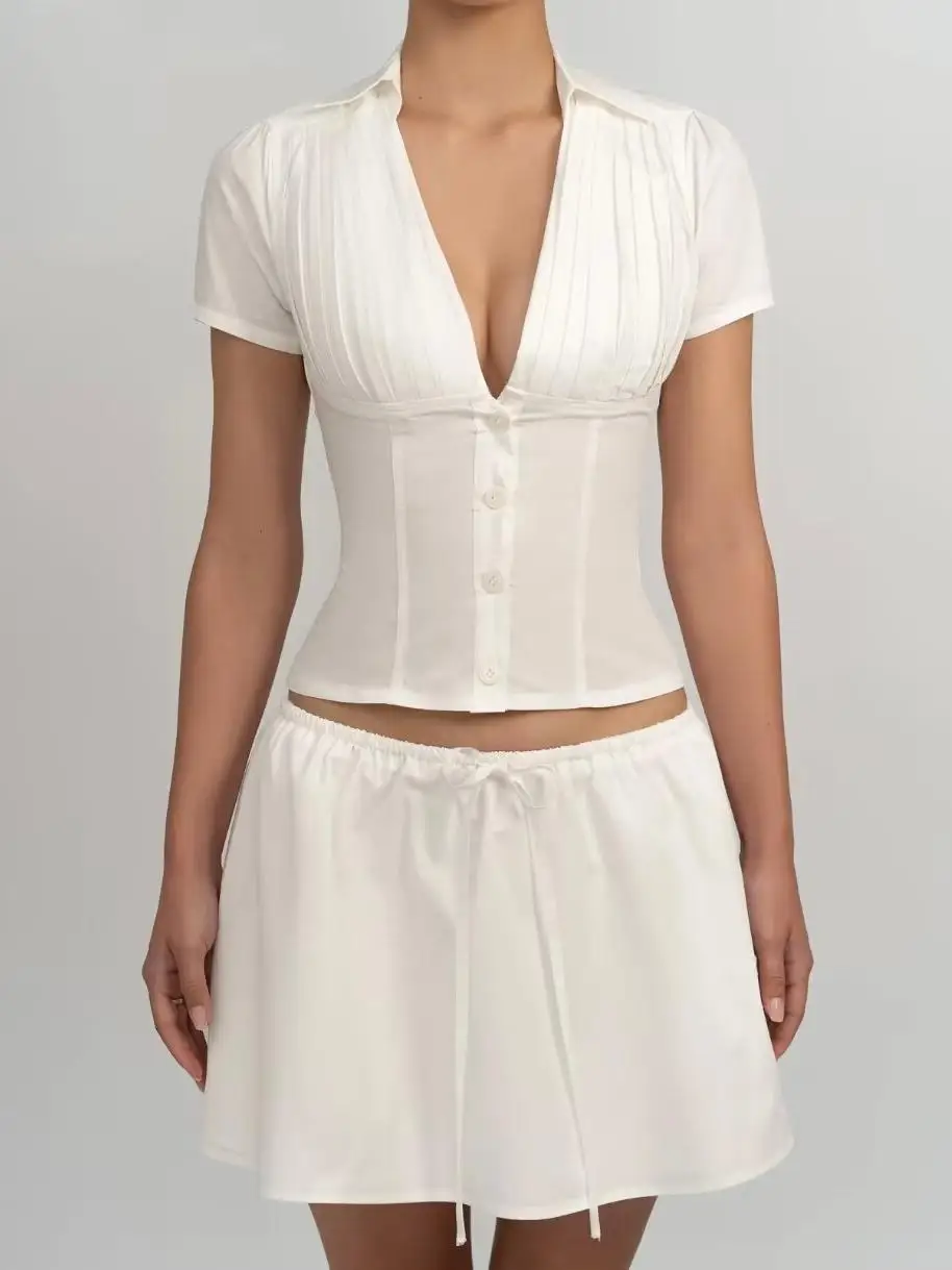 

Women's Casual Woven V Neck Button Down White Shirts & Blouses For Summer Slim Fit Waist Short Sleeve Shirts Female White Blouse