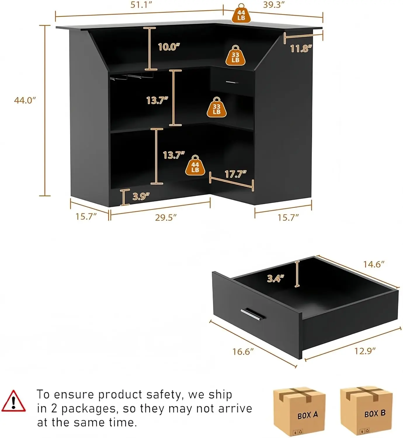 L-Shaped Home Bar Unit with Power Outlet, 4-Tier Corner Liquor Bar Cabinet with Storage Shelves, Drawer, Wine, Customized