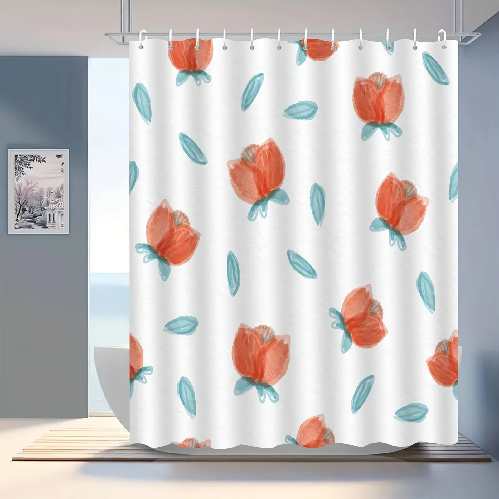 

Цельная элегантная занавеска для душа в скандинавском стиле с цветочным принтом, полиэфирная ткань, можно стирать в машине, подходит для украшения ванной комнаты.