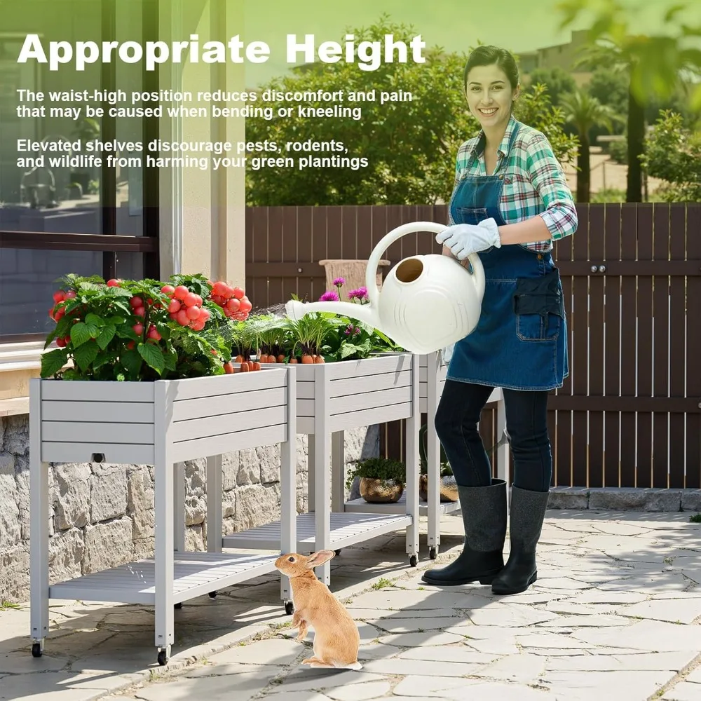

Elevated Raised Garden Bed with Wheels, Outdoor Large Resin Patio Planter Box Stand Divisible with Drain Plug, Water, Customized