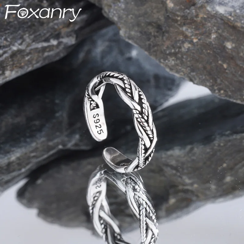 Foxanry Silver Color Weave Twist Geometric Rings For Women Couples Simple Vintage Trendy Personality Creative Daily Jewelry Gift