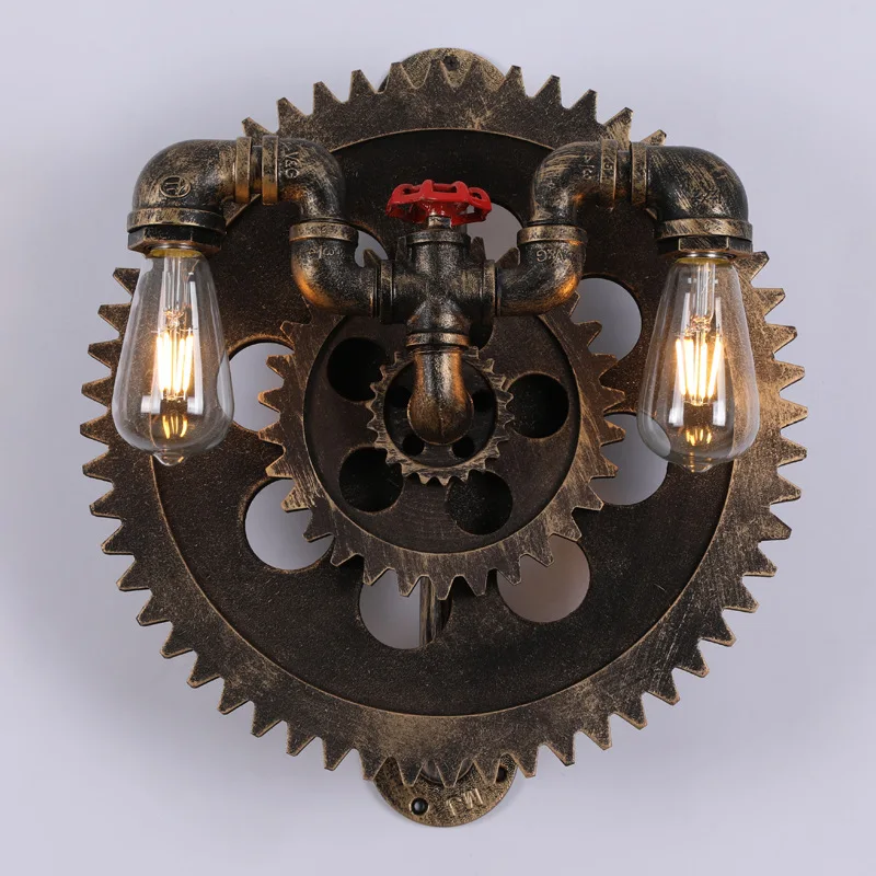Industry Vintage Lamp Retro Loft Iron Wood Gear Wheel Wall Light Study Showroom Living Room Bar Club Cafe Lamp Bra Wall Sconce
